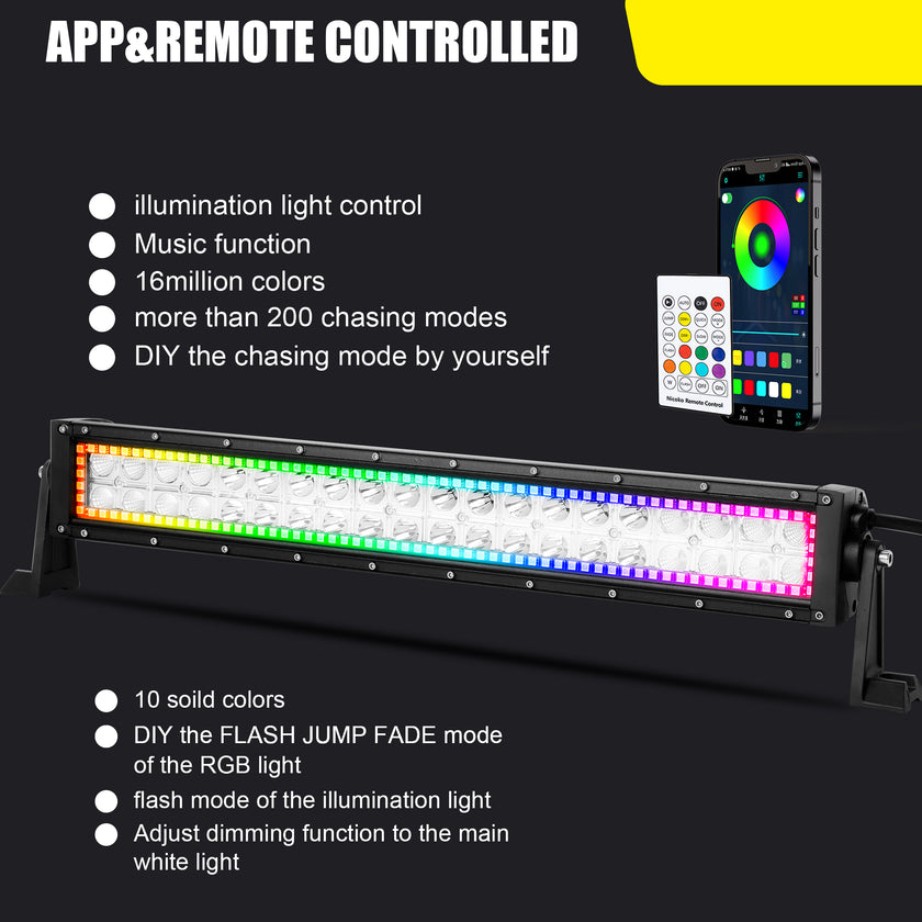 Nicoko Amber White Straight Led Light Bar 120w 22inch RGB Multicolor Chase Halo Over 200 Modes Controlled by App&Remote for Off Road Truck Polaris Razor Trucks SUV IP68 Waterproof