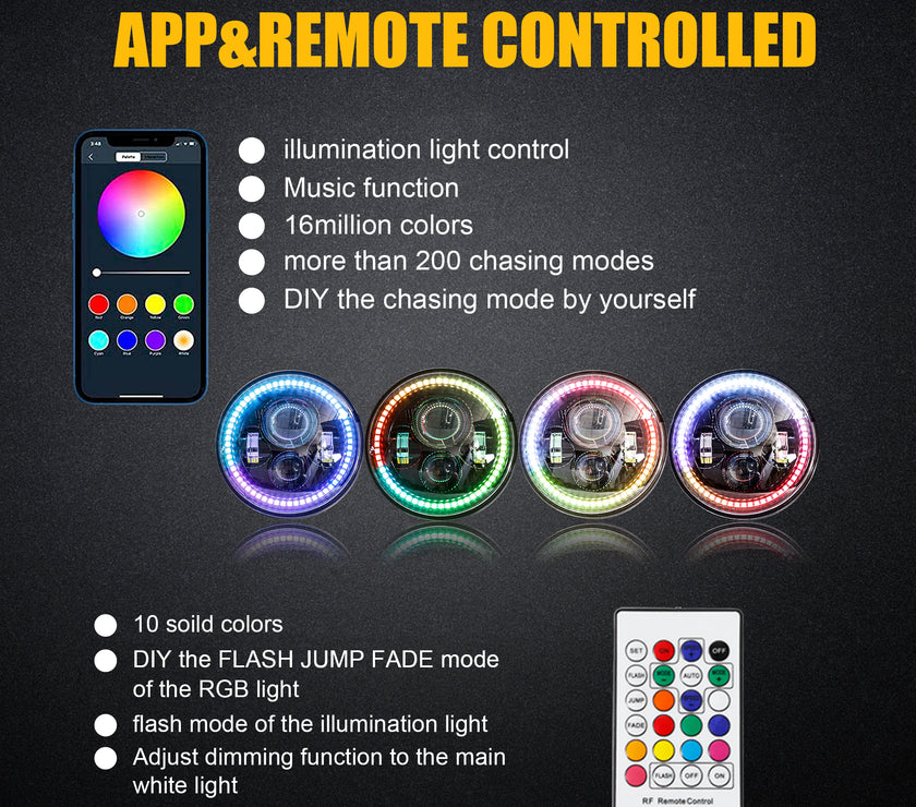 DOT Approved Nicoko Bluetooth app control 7" LED RGB Headlight Headlamp Flashing Muticolor RGB Chasing Angel Eye Halo with Music Function for Wrangler JK LJ CJ TJ Rubicon