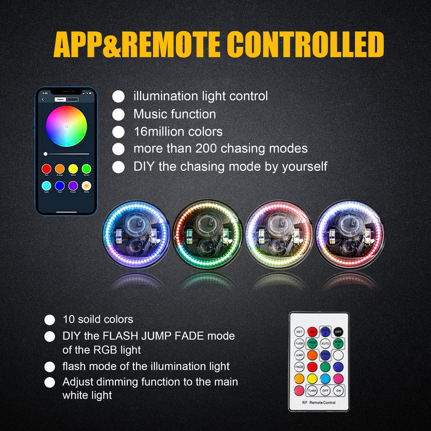 DOT Approved Nicoko Bluetooth app control 7" LED RGB Headlight Headlamp Flashing Muticolor RGB Chasing Angel Eye Halo with Music Function for Wrangler JK LJ CJ TJ Rubicon