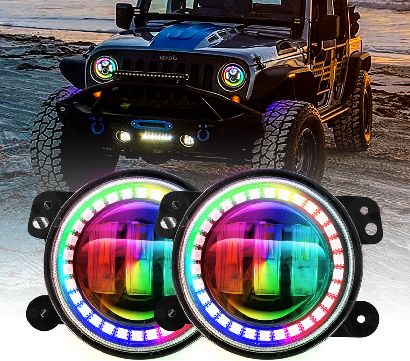 Nicoko Bluetooth app control 4" LED Fog Lights with Muticolor RGB Chase halo come with Music Function over 300 Chasing Modes for Wrangler JK JKU TJ LJ Dodge Chrysler Cherokee Front Bumper