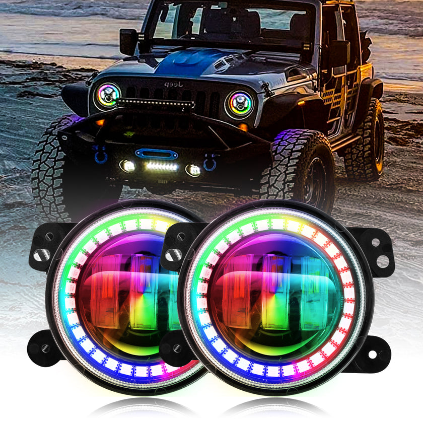 Nicoko Bluetooth app control 4" LED Fog Lights with Muticolor RGB Chase halo come with Music Function over 300 Chasing Modes for Wrangler JK JKU TJ LJ Dodge Chrysler Cherokee Front Bumper