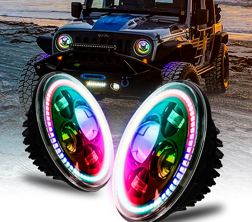 DOT Approved Nicoko Bluetooth app control 7" LED RGB Headlight Headlamp Flashing Muticolor RGB Chasing Angel Eye Halo with Music Function for Wrangler JK LJ CJ TJ Rubicon
