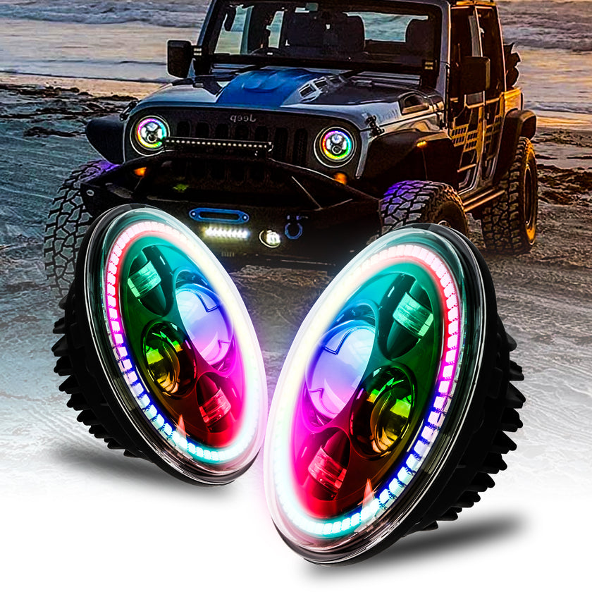 DOT Approved Nicoko Bluetooth app control 7" LED RGB Headlight Headlamp Flashing Muticolor RGB Chasing Angel Eye Halo with Music Function for Wrangler JK LJ CJ TJ Rubicon