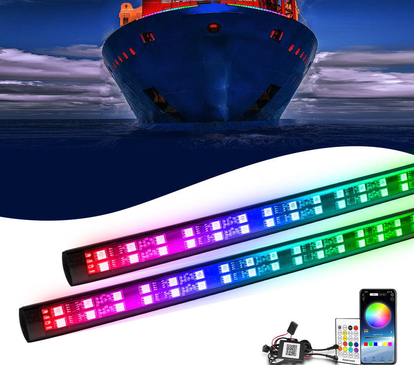 Nicoko Double Row 15.7inch RGB Chase LED Marine Navigation Light Strip Kit Neon Ambient Lighting Strips Bluetooth&Remote Controlled IP68 Waterproof 2 Years Warranty for Fishing Boat Pack 2