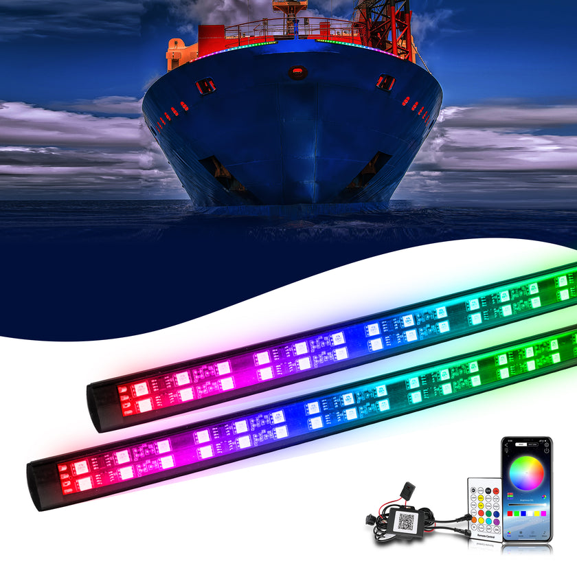 Nicoko Double Row 15.7inch RGB Chase LED Marine Navigation Light Strip Kit Neon Ambient Lighting Strips Bluetooth&Remote Controlled IP68 Waterproof 2 Years Warranty for Fishing Boat Pack 2