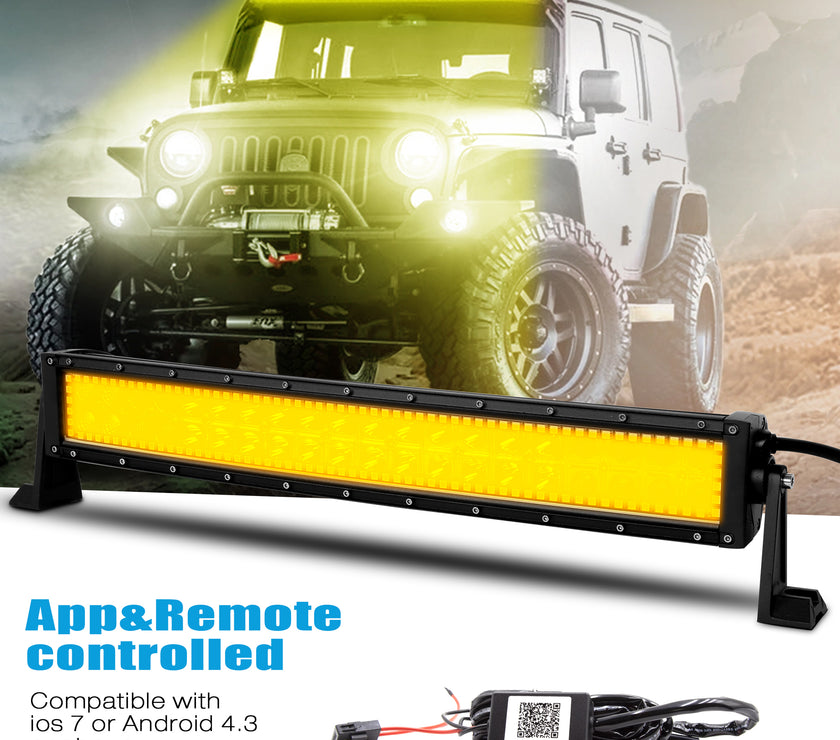 22 Inch 120W 12000LM Curved Amber White Double Row Spot Flood LED Light Bar with RGB Halo Ring