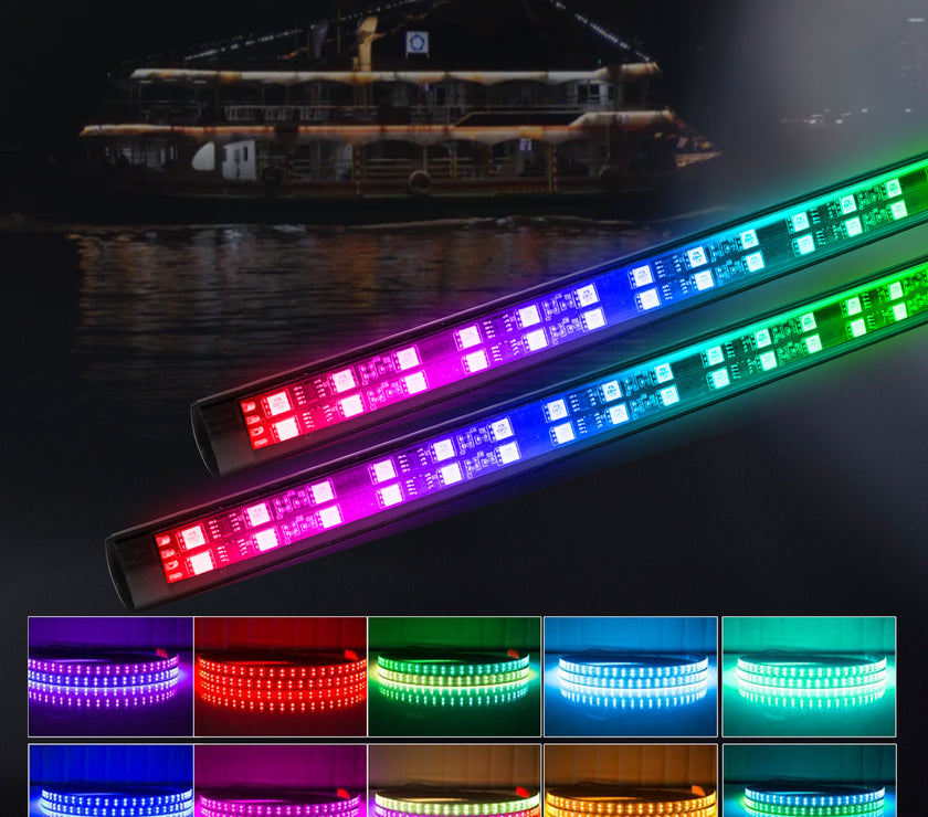 Nicoko Double Row 15.7inch RGB Chase LED Marine Navigation Light Strip Kit Neon Ambient Lighting Strips Bluetooth&Remote Controlled IP68 Waterproof 2 Years Warranty for Fishing Boat Pack 2