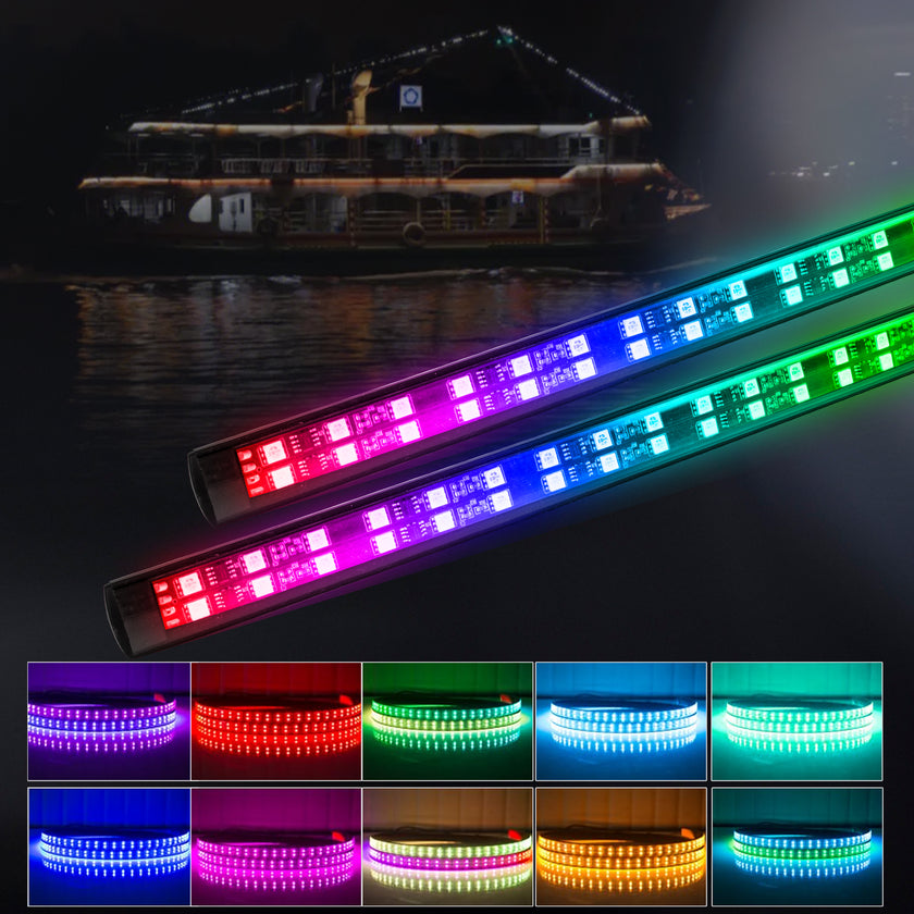 Nicoko Double Row 15.7inch RGB Chase LED Marine Navigation Light Strip Kit Neon Ambient Lighting Strips Bluetooth&Remote Controlled IP68 Waterproof 2 Years Warranty for Fishing Boat Pack 2