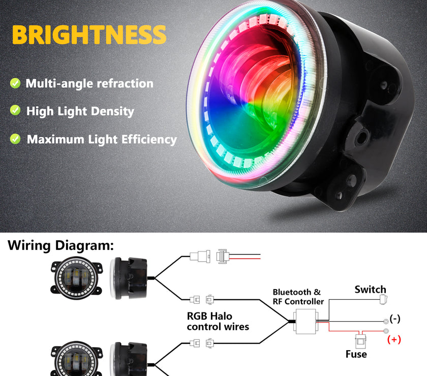 Nicoko Bluetooth app control 4" LED Fog Lights with Muticolor RGB Chase halo come with Music Function over 300 Chasing Modes for Wrangler JK JKU TJ LJ Dodge Chrysler Cherokee Front Bumper