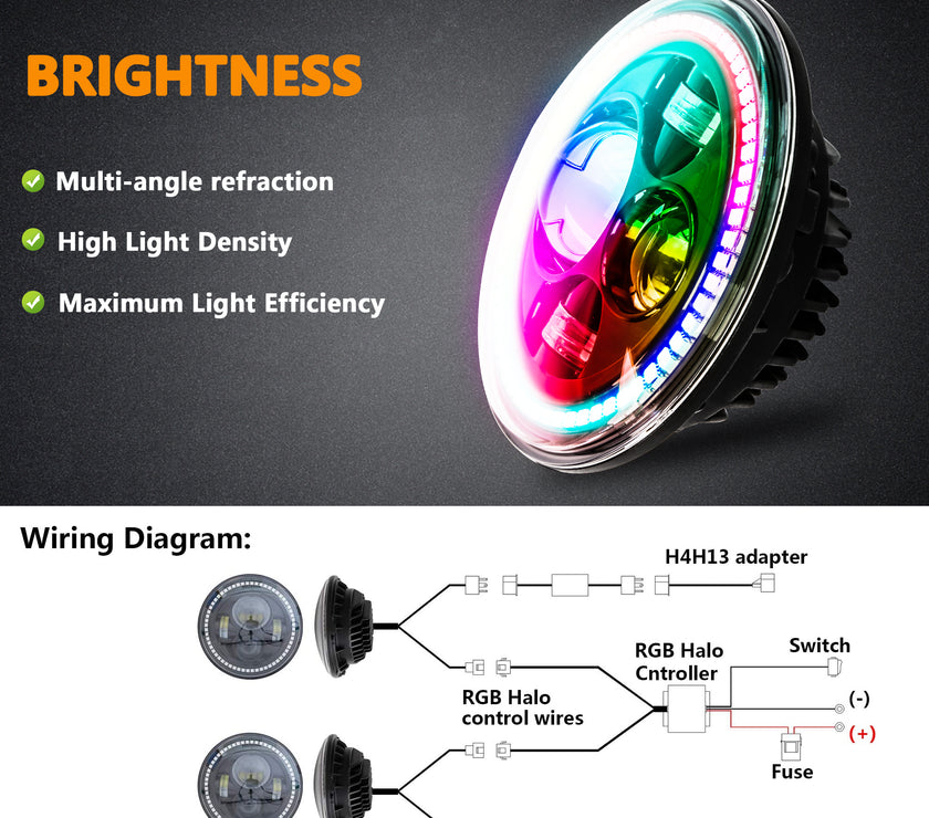 DOT Approved Nicoko Bluetooth app control 7" LED RGB Headlight Headlamp Flashing Muticolor RGB Chasing Angel Eye Halo with Music Function for Wrangler JK LJ CJ TJ Rubicon