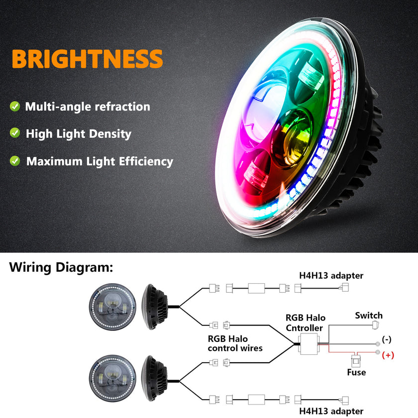 DOT Approved Nicoko Bluetooth app control 7" LED RGB Headlight Headlamp Flashing Muticolor RGB Chasing Angel Eye Halo with Music Function for Wrangler JK LJ CJ TJ Rubicon