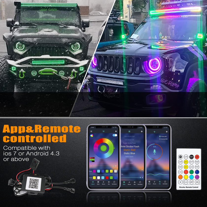 DOT Approved Nicoko Bluetooth app control 7" LED RGB Headlight Headlamp Flashing Muticolor RGB Chasing Angel Eye Halo with Music Function for Wrangler JK LJ CJ TJ Rubicon