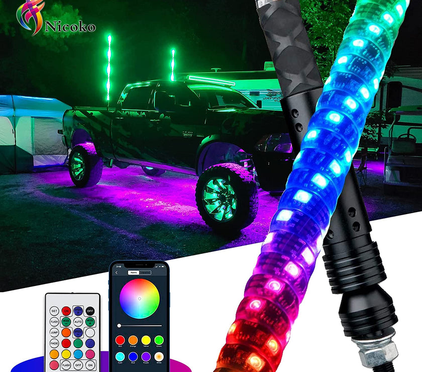 Nicoko 2pc 4ft LED Whip Light with Bluetooth& Remote Control Over 300 Lighting Modes Spiral RGB Chase Light