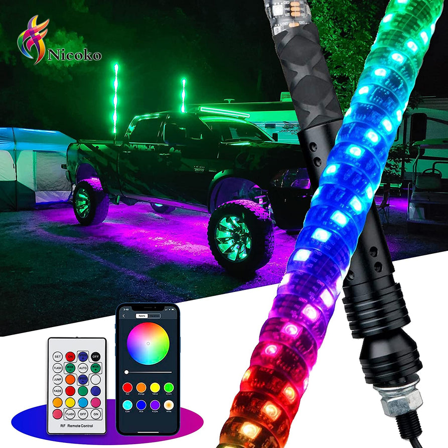 Nicoko 2pc 4ft LED Whip Light with Bluetooth& Remote Control Over 300 Lighting Modes Spiral RGB Chase Light