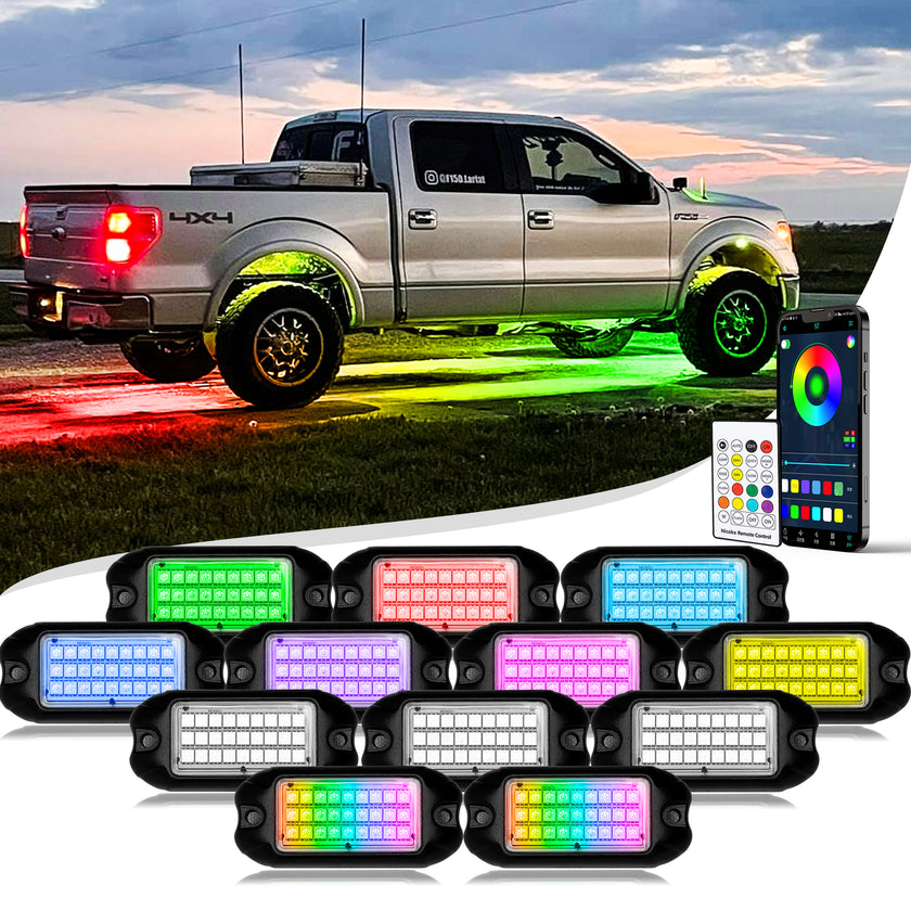 Nicoko 12 Pack Chasing Multicolor Neon Rock Lights with Brake 324 LEDs Underglow Kit with APP/RF Flashing MagicRGB Control Lighting Halo Over 200 Modes IP68 Fit All Vehicles,Boats