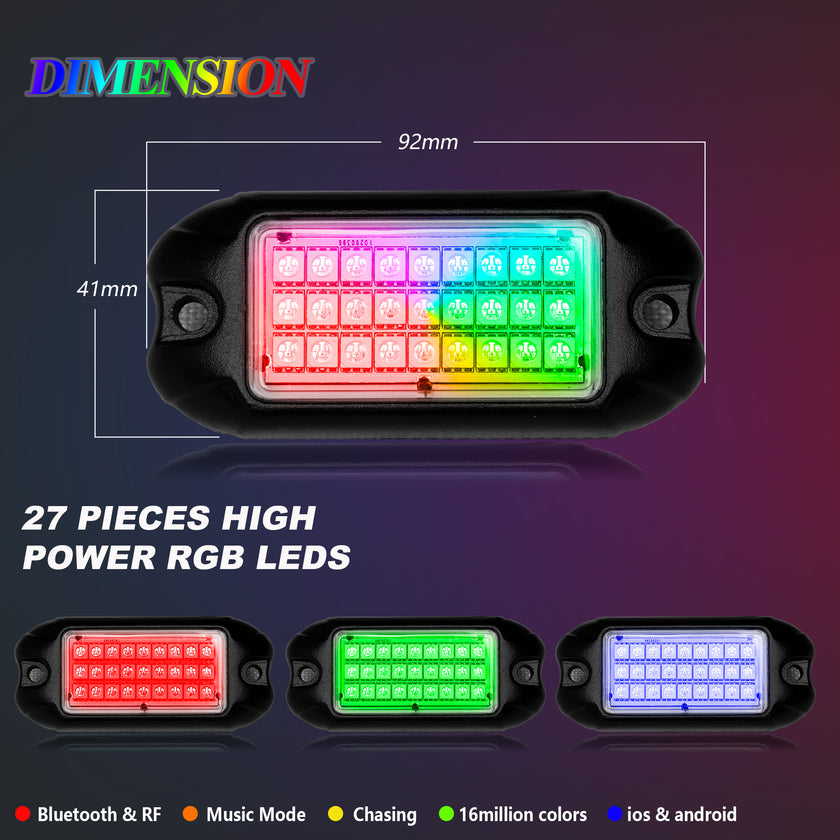 Nicoko 8 Pack RGB LED Chasing Multicolor Neon Rock Lights with 216 LEDs 8 Extension Underglow Wire Kit with APP/RF Flashing Music Wheel Well Control Lighting with Halo IP68 for Off-Road Car,Truck