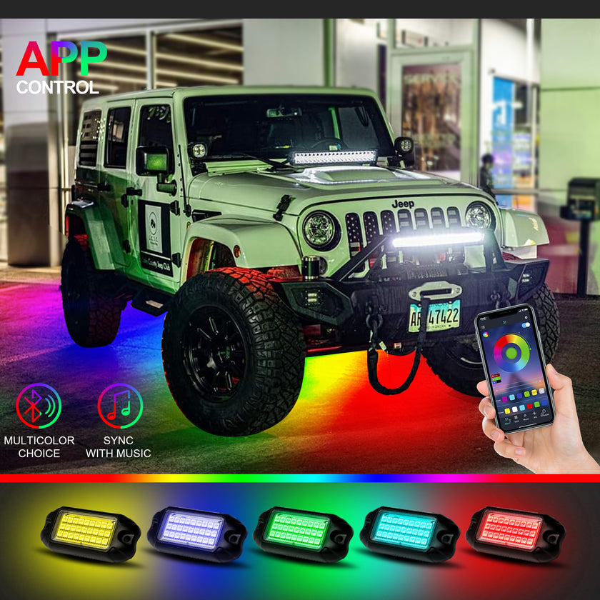 Nicoko 8 Pack RGB LED Chasing Multicolor Neon Rock Lights with 216 LEDs 8 Extension Underglow Wire Kit with APP/RF Flashing Music Wheel Well Control Lighting with Halo IP68 for Off-Road Car,Truck