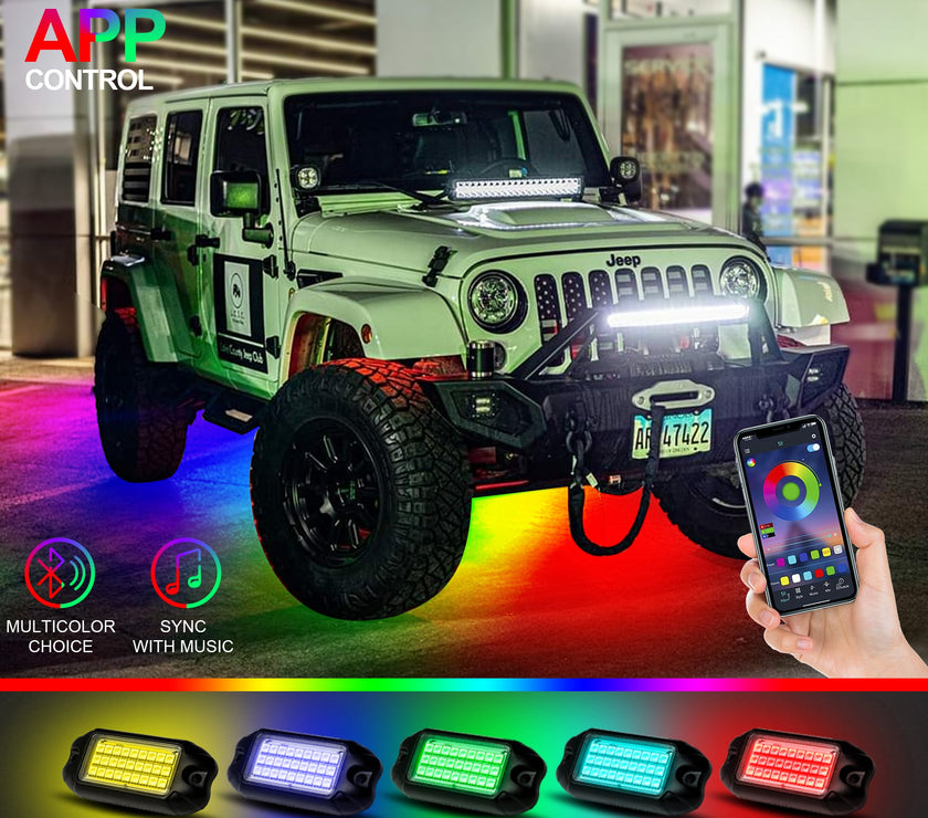 Nicoko 6 Pack RGB LED Chasing Multicolor Rock Lights with 108 LEDs Neon Underglow Kit with APP/RF Music Control Lighting with 4 Extension Wire Halo Over 200 Modes IP68 for Car，UTV, ATV, Truck 1 Year