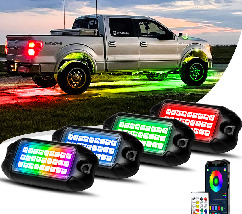 Nicoko 4 Pack RGB LED Chasing Multicolor Rock Lights with 108 LEDs Neon Underglow Kit with APP/RF Music Control Lighting with 4 Extension Wire Halo Over 200 Modes IP68 for Car，UTV, ATV, Truck 1 Year