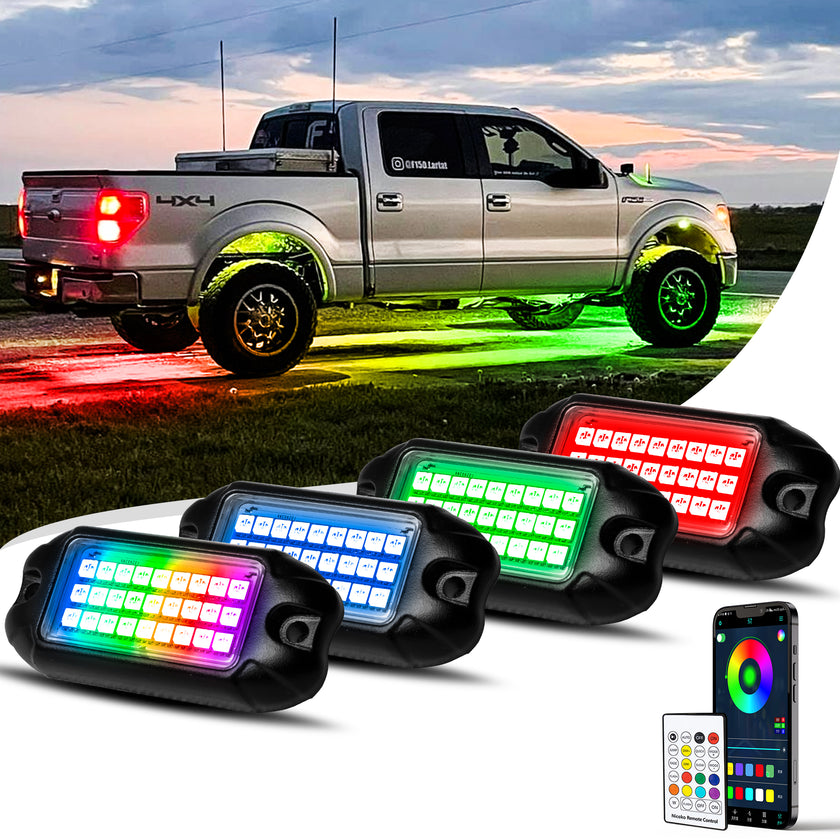 Nicoko 4 Pack RGB LED Chasing Multicolor Rock Lights with 108 LEDs Neon Underglow Kit with APP/RF Music Control Lighting with 4 Extension Wire Halo Over 200 Modes IP68 for Car，UTV, ATV, Truck 1 Year