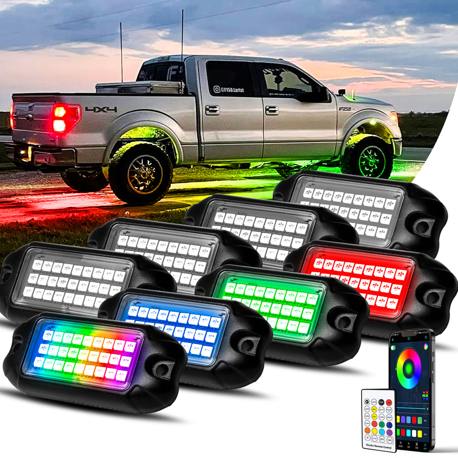 Nicoko 8 Pack RGB LED Chasing Multicolor Neon Rock Lights with 216 LEDs 8 Extension Underglow Wire Kit with APP/RF Flashing Music Wheel Well Control Lighting with Halo IP68 for Off-Road Car,Truck