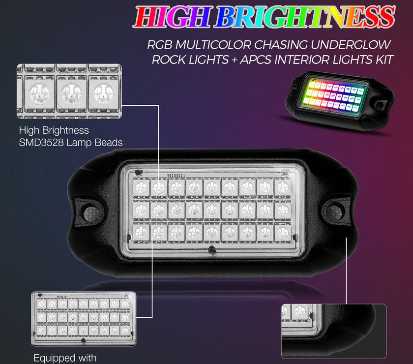 Nicoko 6 Pack RGB LED Chasing Multicolor Rock Lights with 108 LEDs Neon Underglow Kit with APP/RF Music Control Lighting with 4 Extension Wire Halo Over 200 Modes IP68 for Car，UTV, ATV, Truck 1 Year