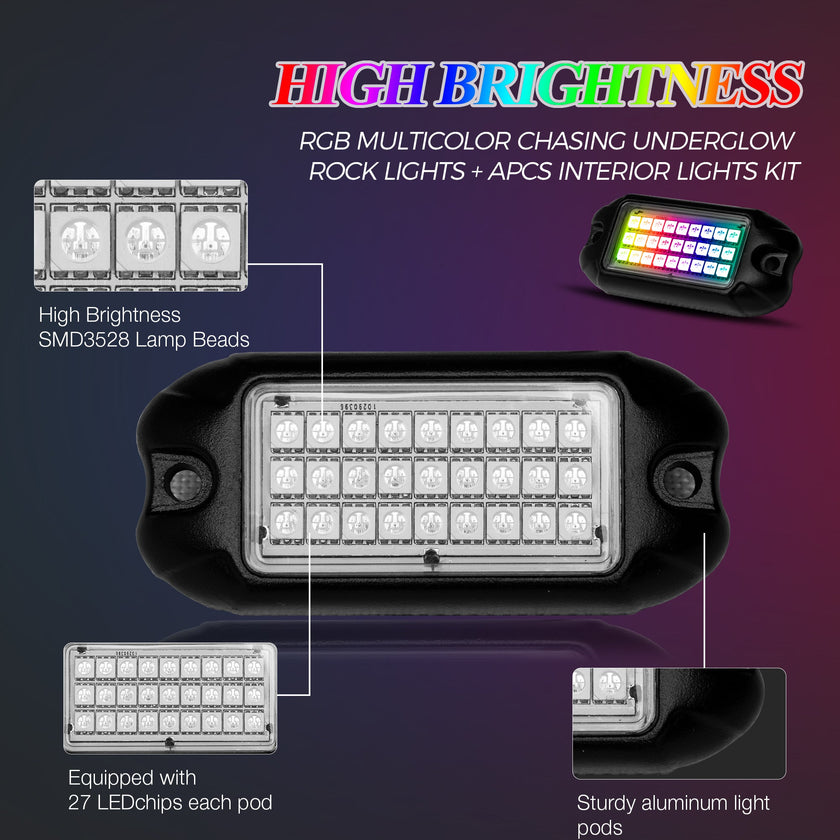 Nicoko 4 Pack RGB LED Chasing Multicolor Rock Lights with 108 LEDs Neon Underglow Kit with APP/RF Music Control Lighting with 4 Extension Wire Halo Over 200 Modes IP68 for Car，UTV, ATV, Truck 1 Year