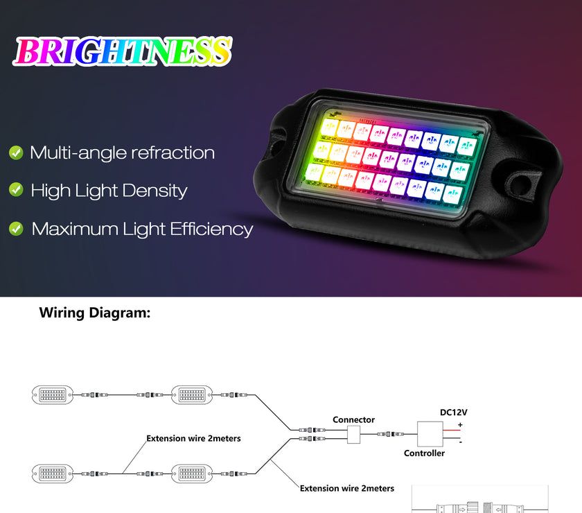 Nicoko 4 Pack RGB LED Chasing Multicolor Rock Lights with 108 LEDs Neon Underglow Kit with APP/RF Music Control Lighting with 4 Extension Wire Halo Over 200 Modes IP68 for Car，UTV, ATV, Truck 1 Year
