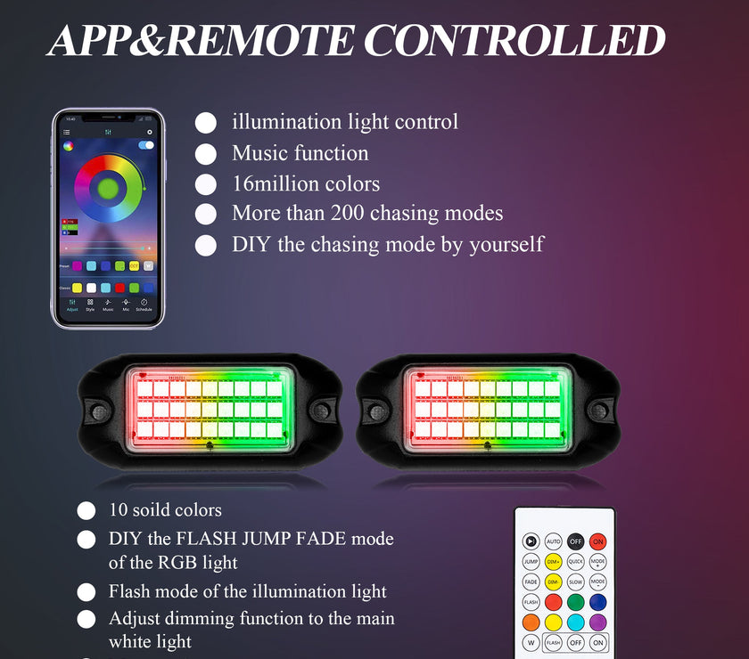 Nicoko 6 Pack RGB LED Chasing Multicolor Rock Lights with 108 LEDs Neon Underglow Kit with APP/RF Music Control Lighting with 4 Extension Wire Halo Over 200 Modes IP68 for Car，UTV, ATV, Truck 1 Year