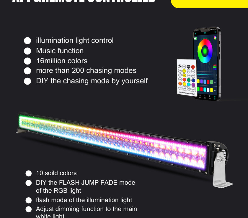 Nicoko Amber White Straight Led Light Bar 240w 42inch RGB Multicolor Chase Halo Over 200 Modes Controlled by App&Remote for Off Road Truck Polaris Razor Trucks SUV IP68 Waterproof